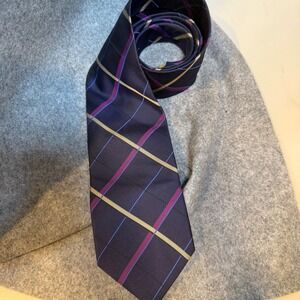 Hickey Freeman Mens Silk Tie Navy Blue Purple Plaid Hand Tailored Woven England